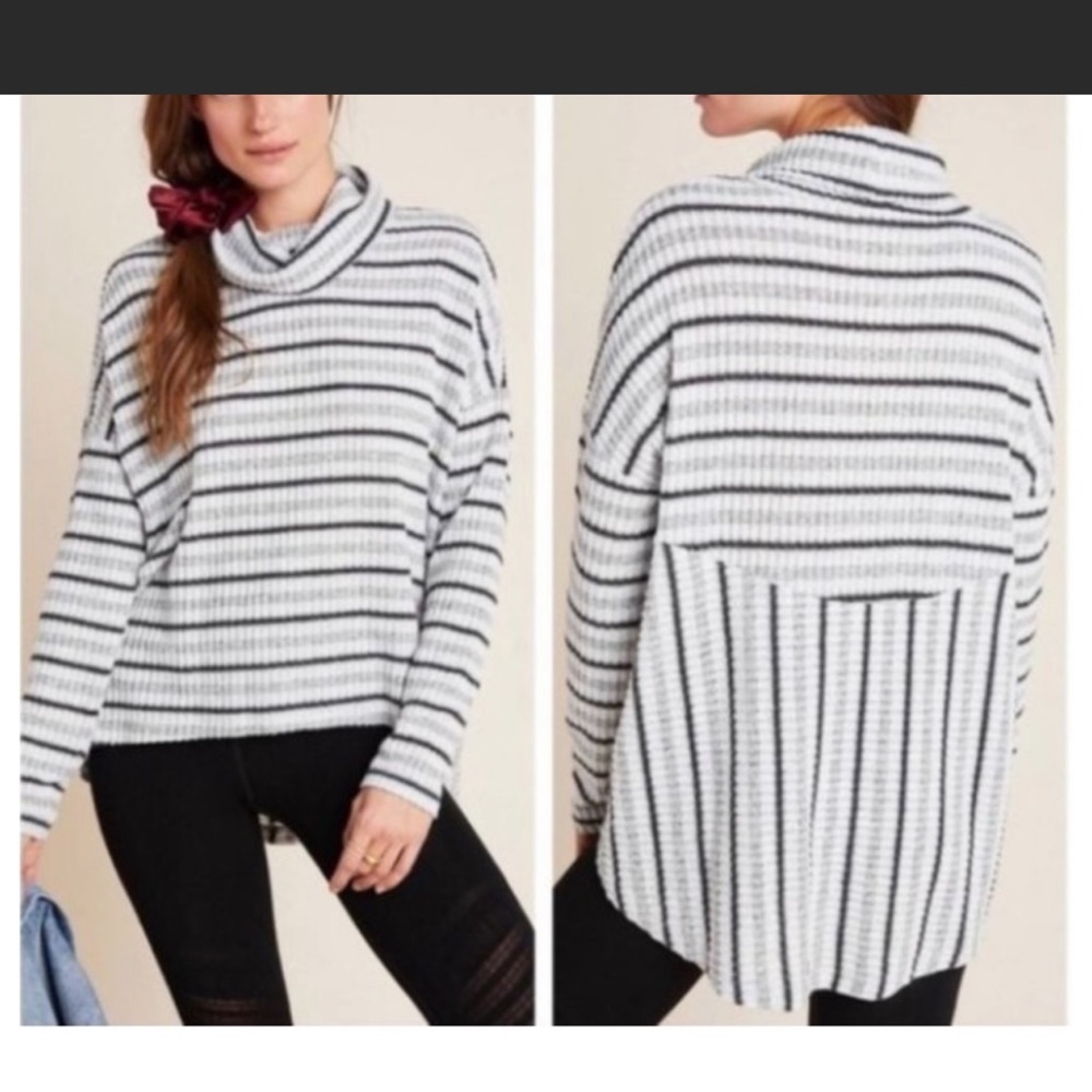 Anthropologie Grey Striped Cowl Neck Sweater Top - Picture 2 of 8